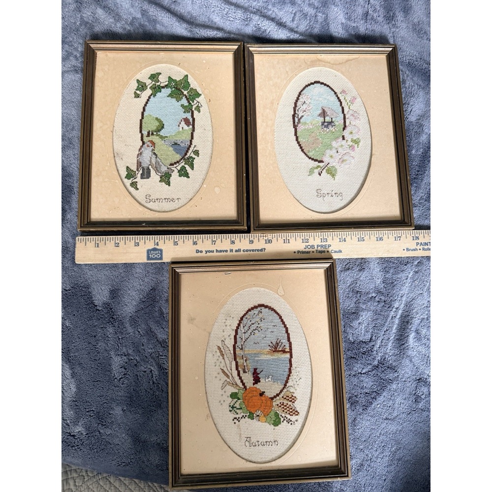 VTG Lot of 3 Needlepoint Seasons Wood Framed Pictures Handmade Countrycore